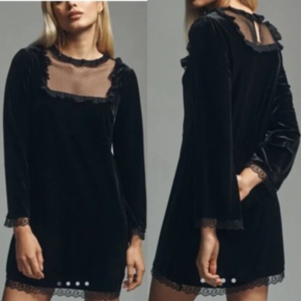 NWT Anthropologie Maeve Long Sleeve Mesh Velvet Mini Dress Black Lace